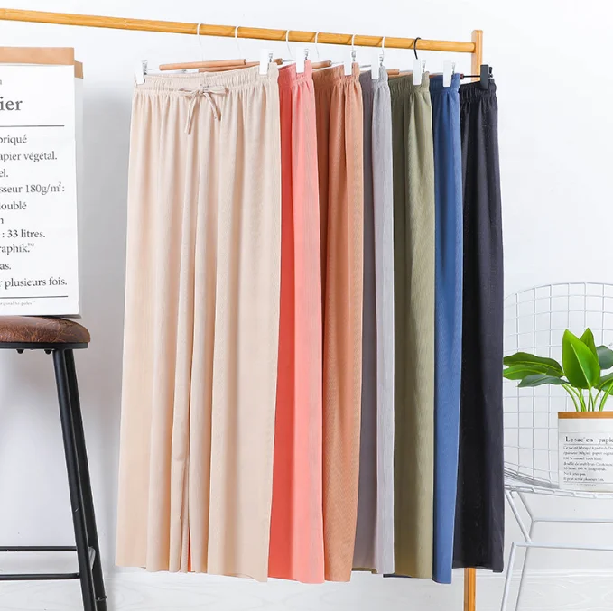 

2022 wholesale Korean version loose high waist elastic Ice silk wide leg pants women's summer thin straight pants