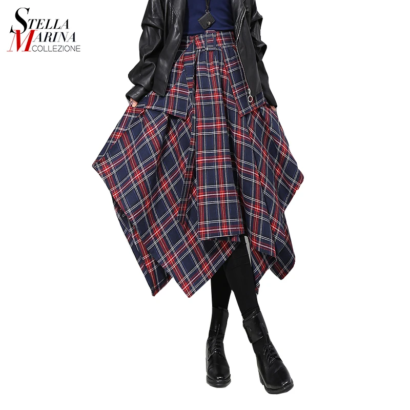 

2019 new fashion plus size girls high waist casual red plaid polyester ruffle skirt