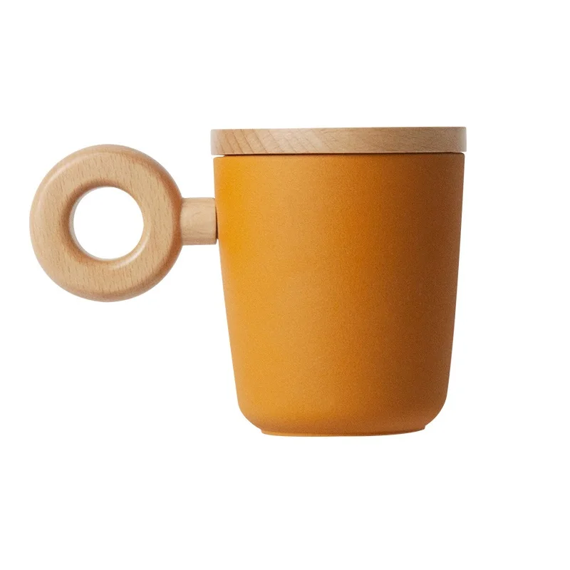 

creative home nordic mug wooden handle with Lid lovers cup gift box set retro ceramic cup custom