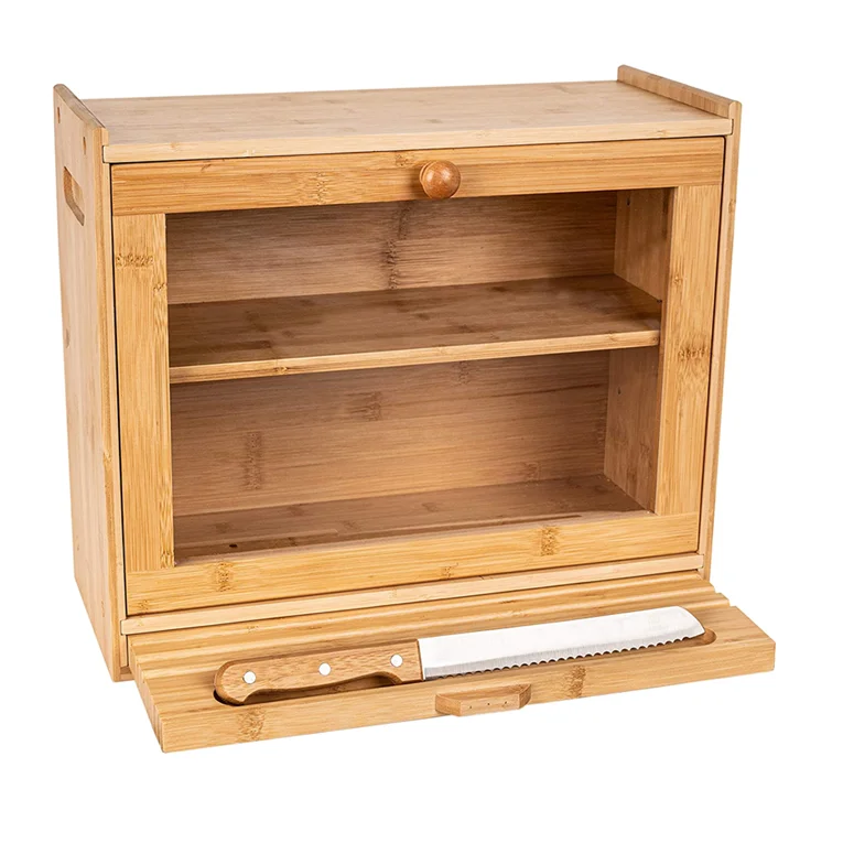 

Large Bread Box for Kitchen Counter top 2-Shelf Bamboo Pastry Box with Cutting Board, Serrated Bread Knife,and Display Window, Nature color