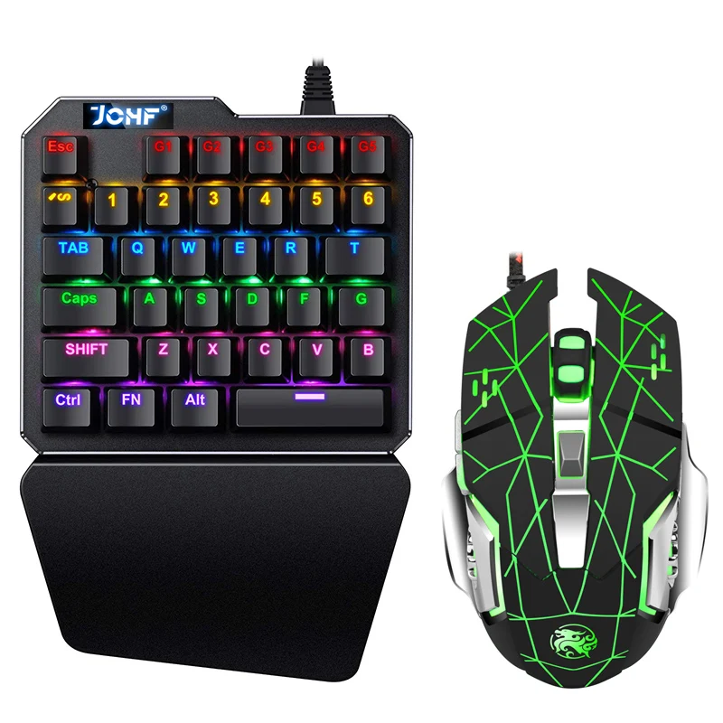 

JCHF One Handed Game Keyboard RGB Light Colored Wired Keyboard and Mouse Combo One-hand for Cell Phone Mechanical Feel Keyboard