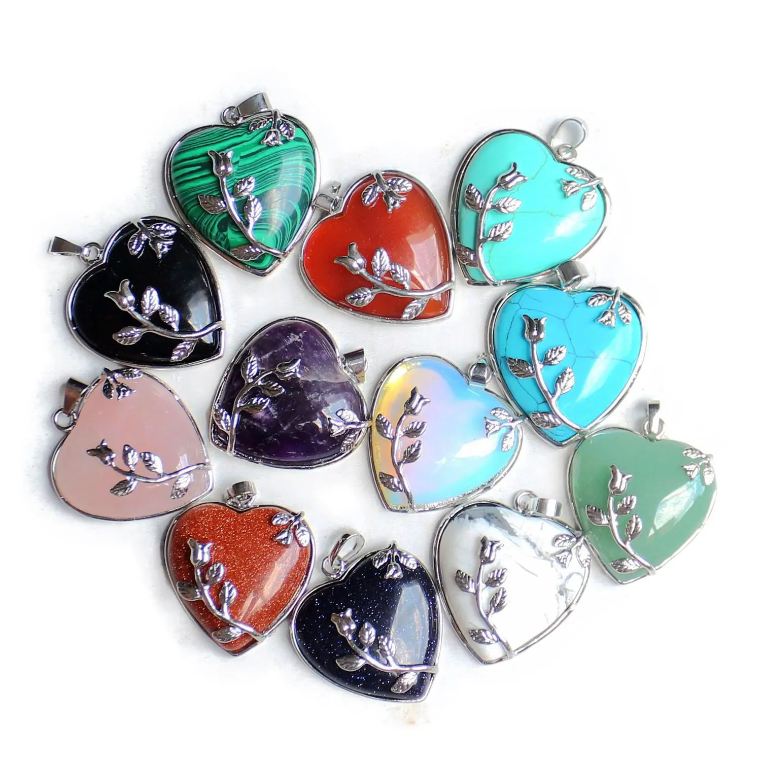 

DIY Charms Crystal Charm Pendants For Necklace Agate Natural Heart Stone Obsidian Opal Turquoise Lucky Stone Pendants, Colors