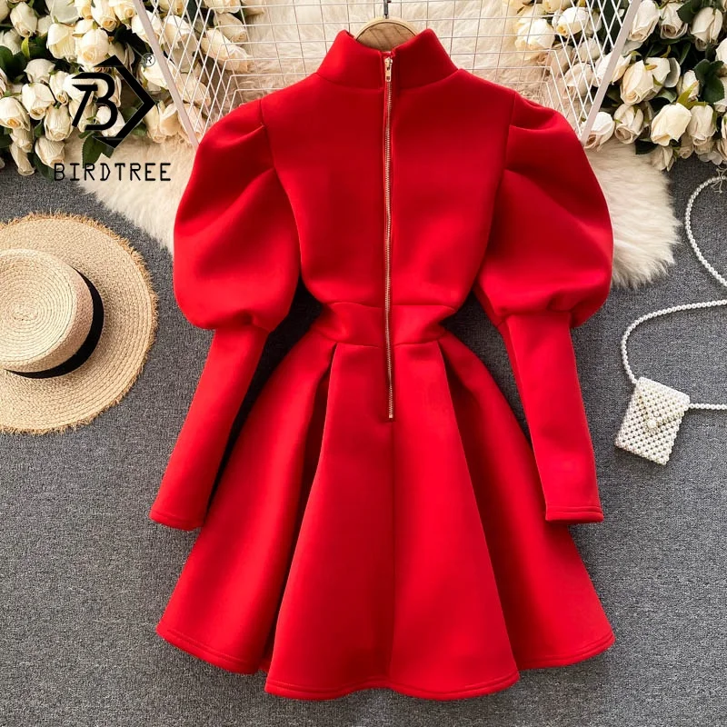 

Spring Summer Women's Elegant A-line Two Wear Way Solid Mini Dress High Waist Stand Collar Puff Sleeve Slim Dresses D14801X