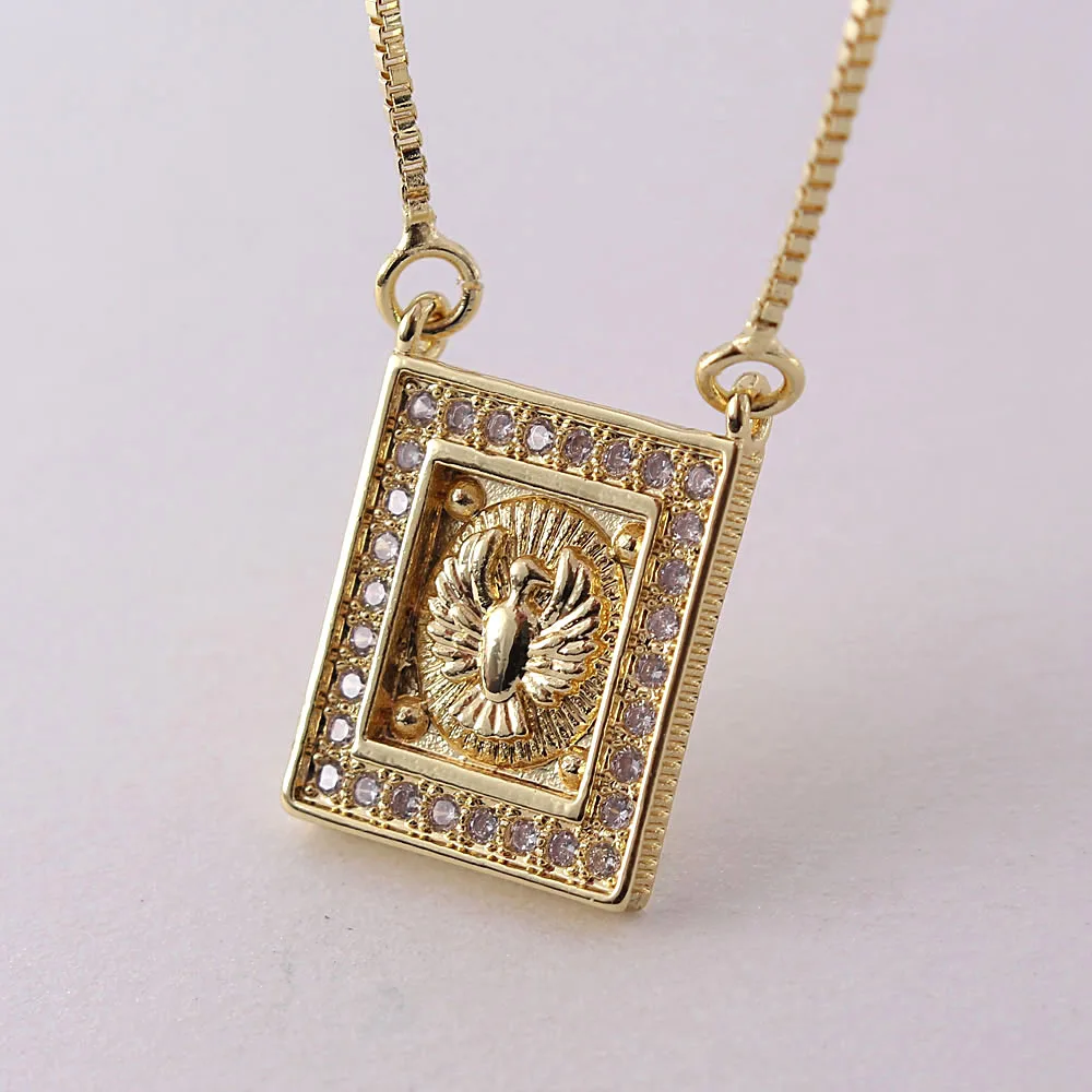 

MHS.SUN New Cubic Zirconia Rectangle Pendant Necklace With Holy Bird Charm 18K Gold Plated Chain Necklace Women Faith Jewelry