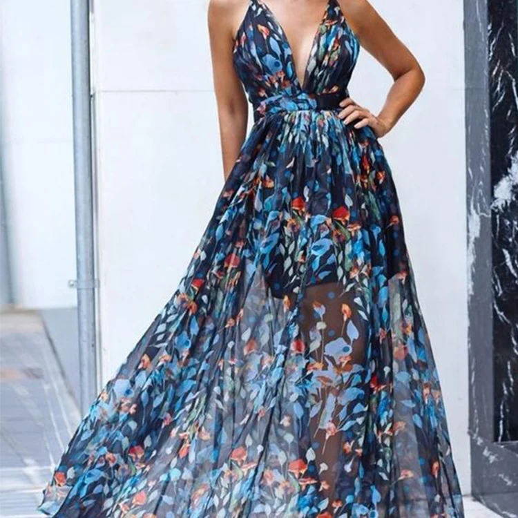 

2021 New casual dresses women summer beach V neck sexy long dress with suspenders