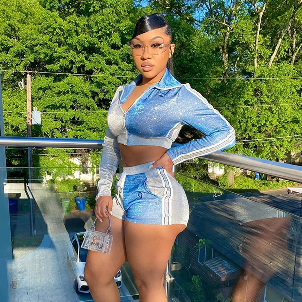 

2020 new arrivals autumn designs women shiny fabric two pieces long sleeve top with above keen length trousers set