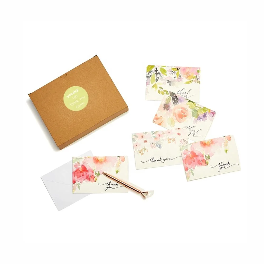 
100 Wholesale Flower Blank Thank You Cards Packs, Bulk Custom Logo Thank You Notes with Envelopes 
