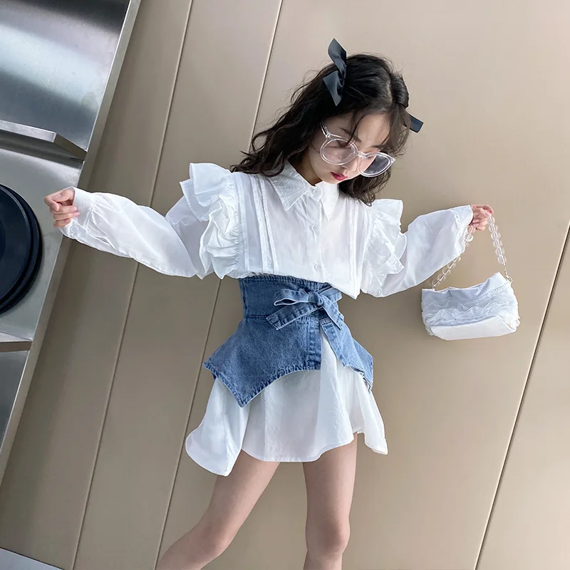 

New Fashion Parent-child girls skirts Korean Dress Girl Ruffle Shirt Skirt Denim Waist 2Pcs Dresses skirts for girl kids
