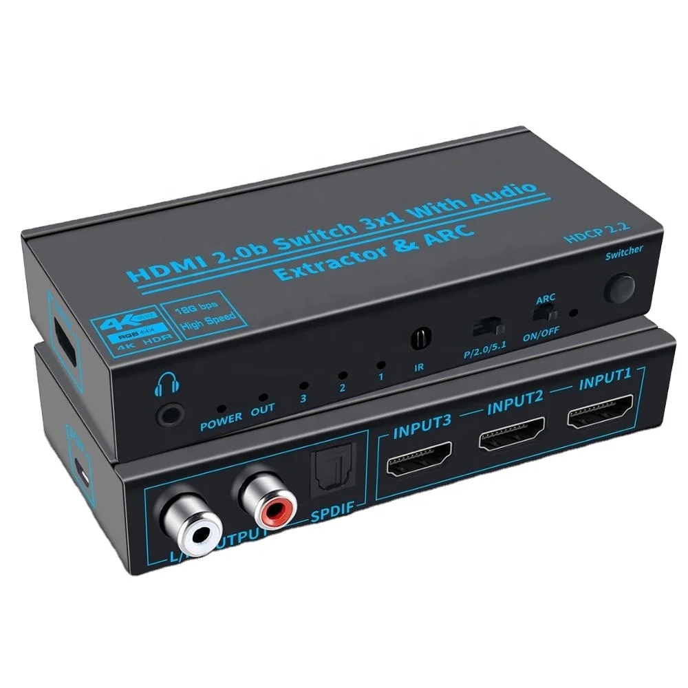 

OZQ3-2 HDMI 2.0b Switch 3x1 Splitter 3 in 1 4K@60HZ Switcher Box with ARC Remote Optical Toslink SPDIF+Coaxial+Analog RCA Audio, Black