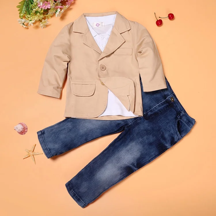 

Hot Sell Boys Coat T-shirt Denim Long Pants Gentleman 3 Pieces Suits Toddler Set Kids Jeans set Children's Clothing Cardigan