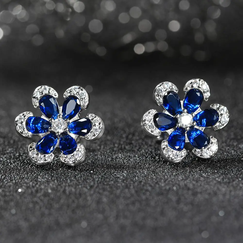 RINNTIN LZE21 Hypoallergenic 925 Sterling Silver Blue Sapphire Cute Flower Stud Earring for Women 5A CZ Earrings for Girls Party