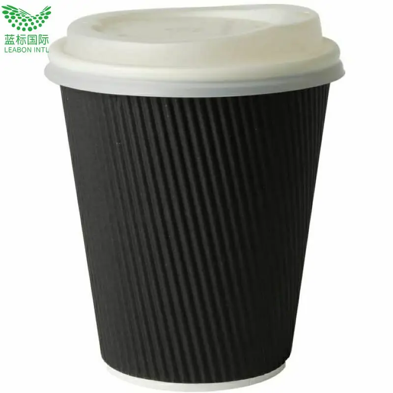 

8oz 12oz 16oz black corrugated disposable ripple wall coffee paper cup with lids