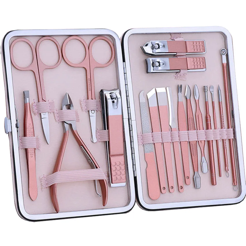 

Amazon Hot Custom Logo stainless steel 18pcs Nail Clippers Cutter Kit Nail Care manicure set Portable Travel Nail Pedicure Tools, All color is available