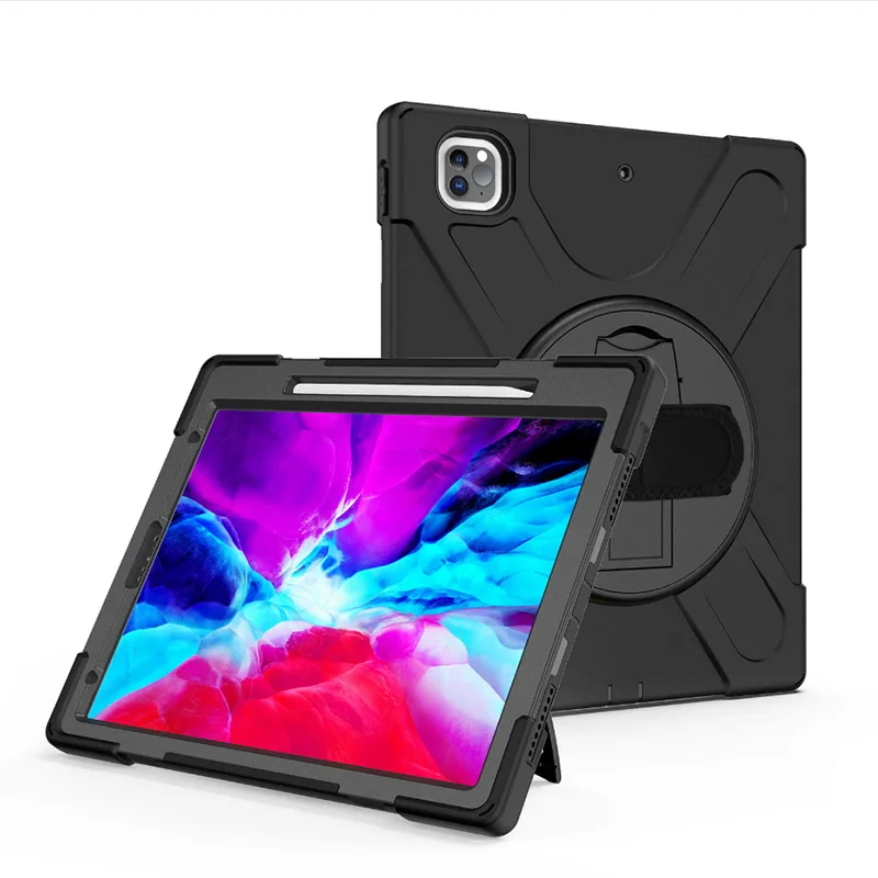 

For iPad Pro 12.9 inch 2021 2020 universal 2018 thick silicone fold kickstand hand strap rugged pencil slot 12.9" tablet case