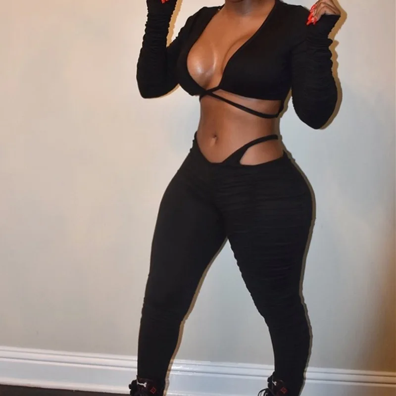 

Wholesale women's solid long sleeve v neck crop top high waist joggers pants two piece pants sets, Photo shows