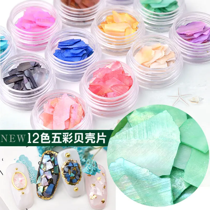 

Factory Supply 12designs/box Natural Shell Slice Irregular Mixed Shell Piece for DIY Nail Art Decoration