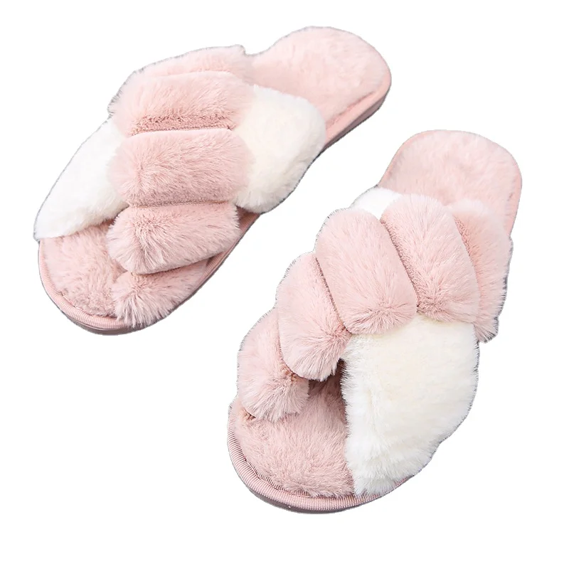 

Custom Women Fur Fabric Slippers Trend Cross Strap Band Ladies Fluffy Open Toe Warm Faux Fur Manufacture Slippers, Customized color
