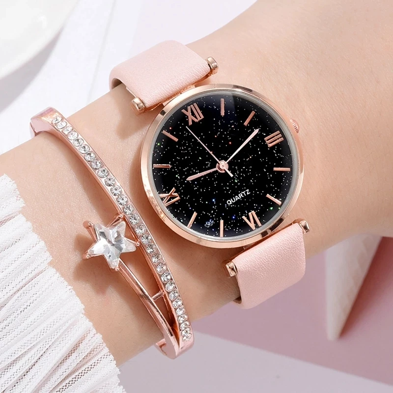 

Fashion Leather Quartz Watches For Women Luxury Antique Stylish Starry Sky Round Dress Watch Relogio Feminino Montre Femme