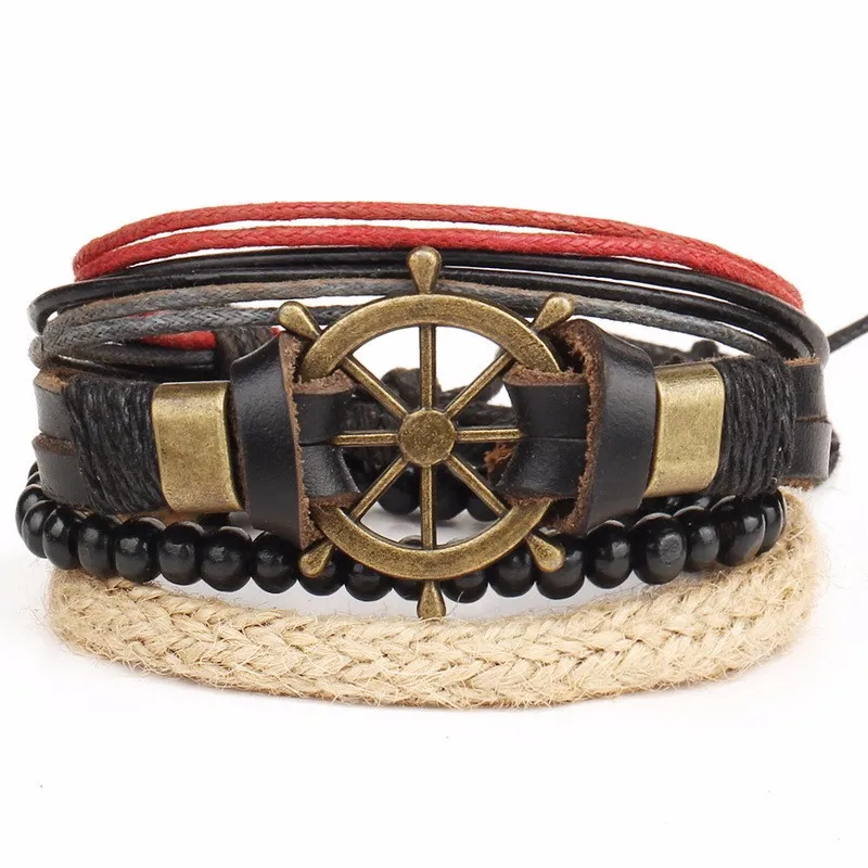 

1 Set 4PCS leather bracelet Men's multi-layer bead bracelet women's retro punk casual men's jewelry bracelet jewelry accessories, As the picture