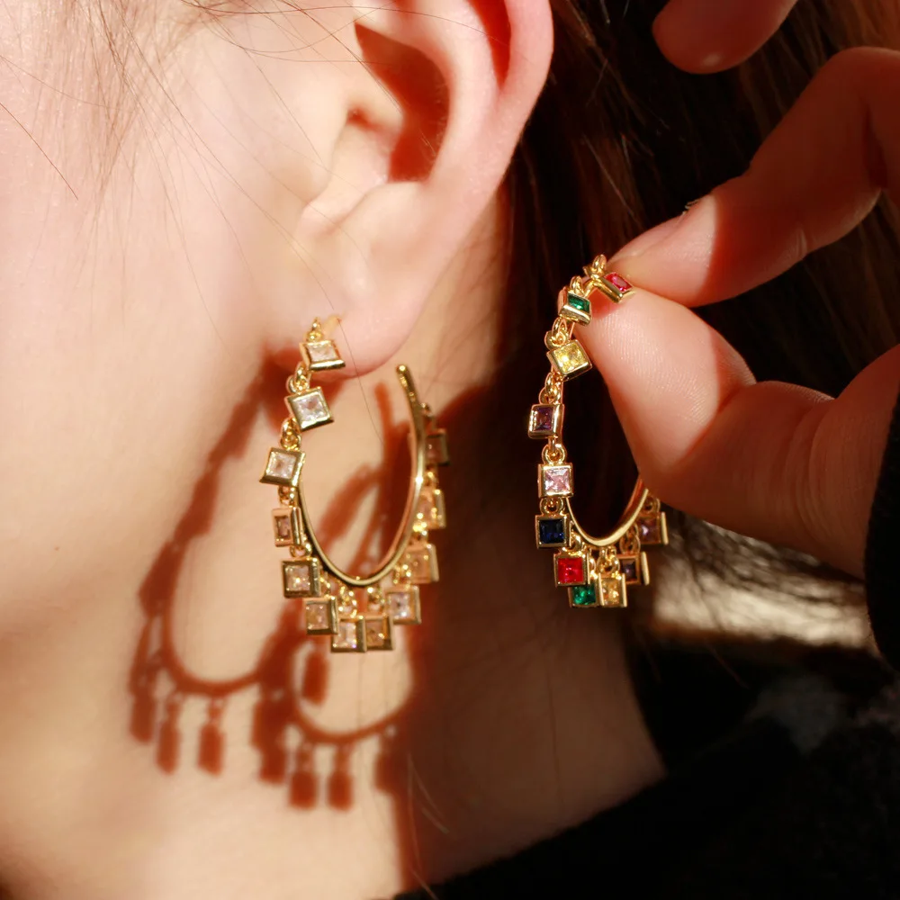 

Fashion exaggerated c-shaped big copper gold-plated zircon circle earrings, As pic