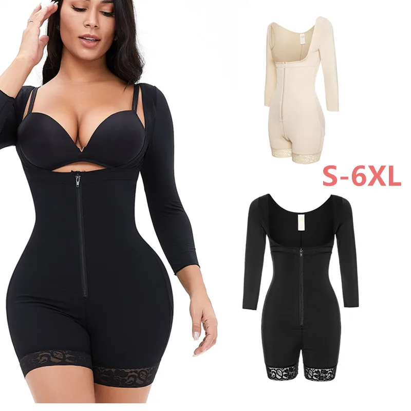 

Dropshipping Long Sleeve Zipper Tummy Control Shapers Women Post Quirurgica Surgery Faja Colombianas Full Body Shapewear, Black,nude