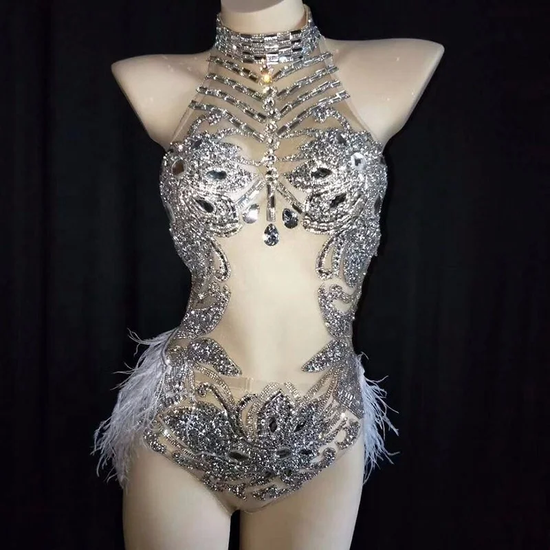 

Sparkly Gold Silver Rhinestones See Through Bodysuit Feather Hips Leotard Outfit Women Bar Dance Stage Party Dance Costume