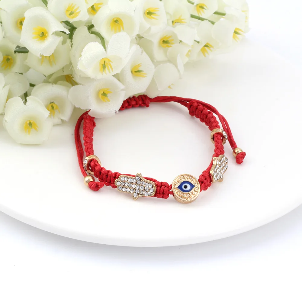 

European Adjustable Handmade Crystal Hand Evil Eyes Charms Bracelet Red Braided Rope Crystal Palm Eyes Bracelet