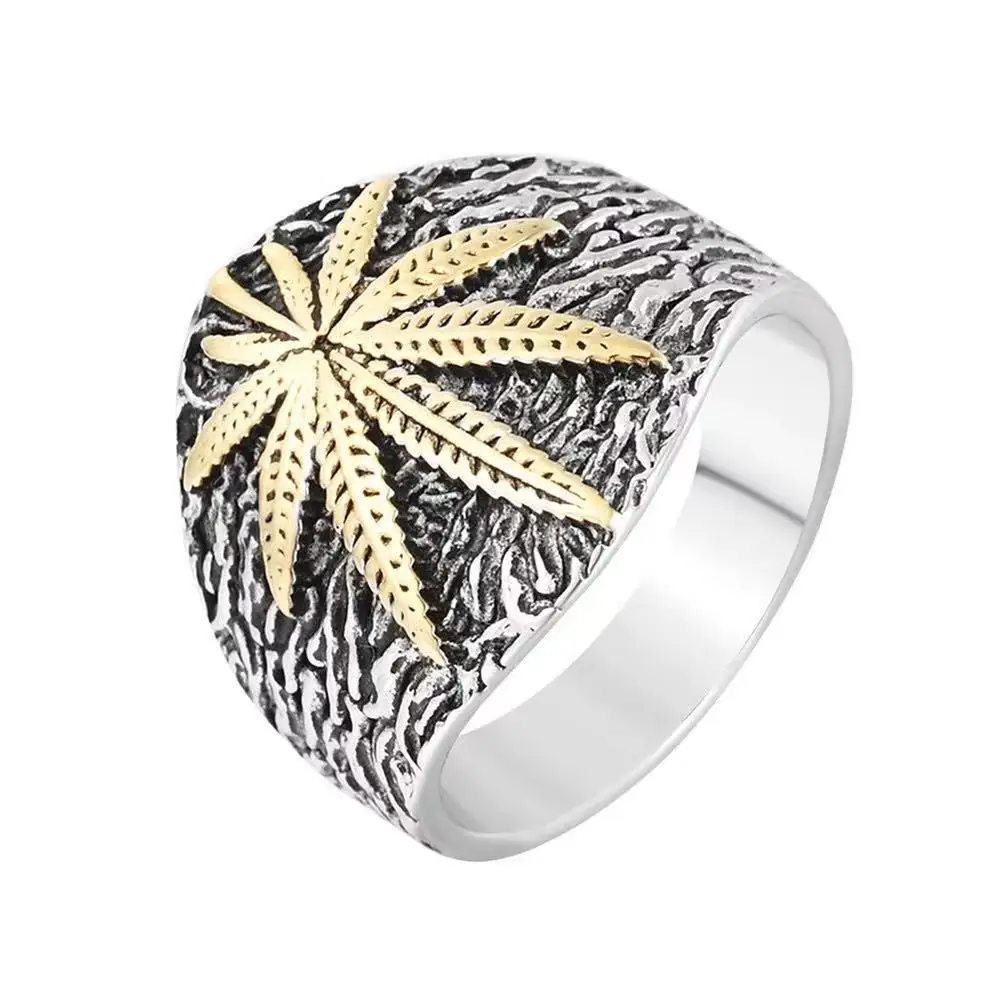 

Personality retro Reggae hemp leaf men's stainless steel ring factory wholesale