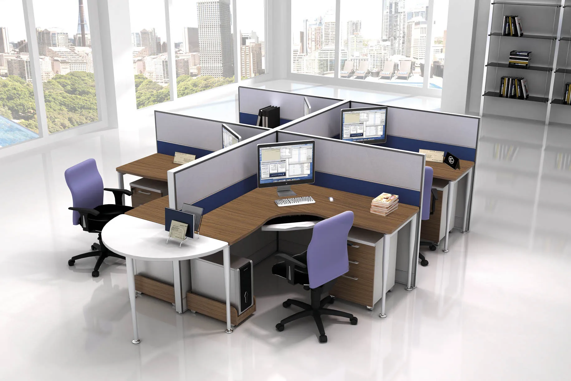 Офисные столы с перегородками для четырех сотрудников