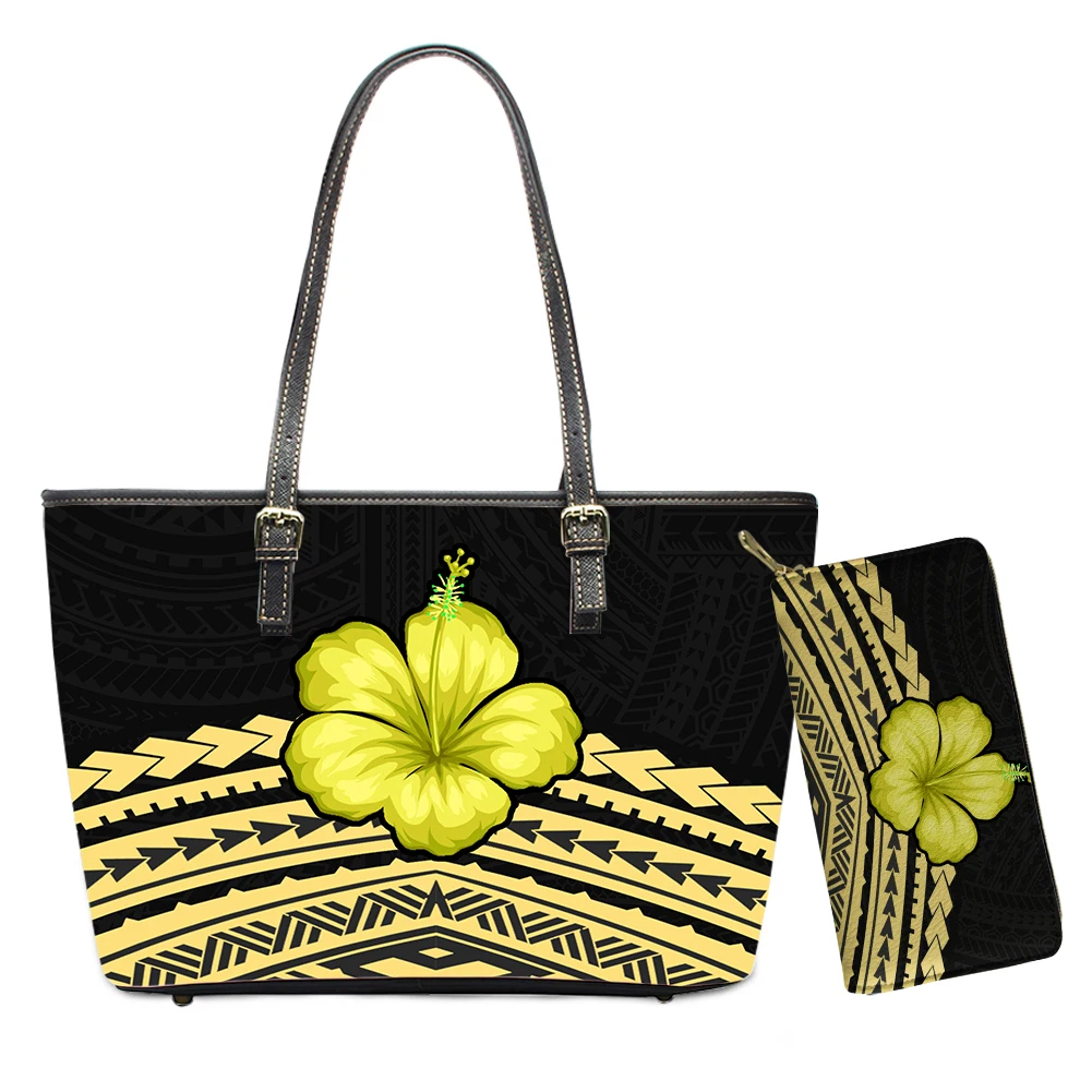 

Yellow Hibiscus Flower Printed Bags Women Leather Large Tote And Purses Sets Hawaiian Polynesian Tribal Printed Bags For Ladies, Customized colors