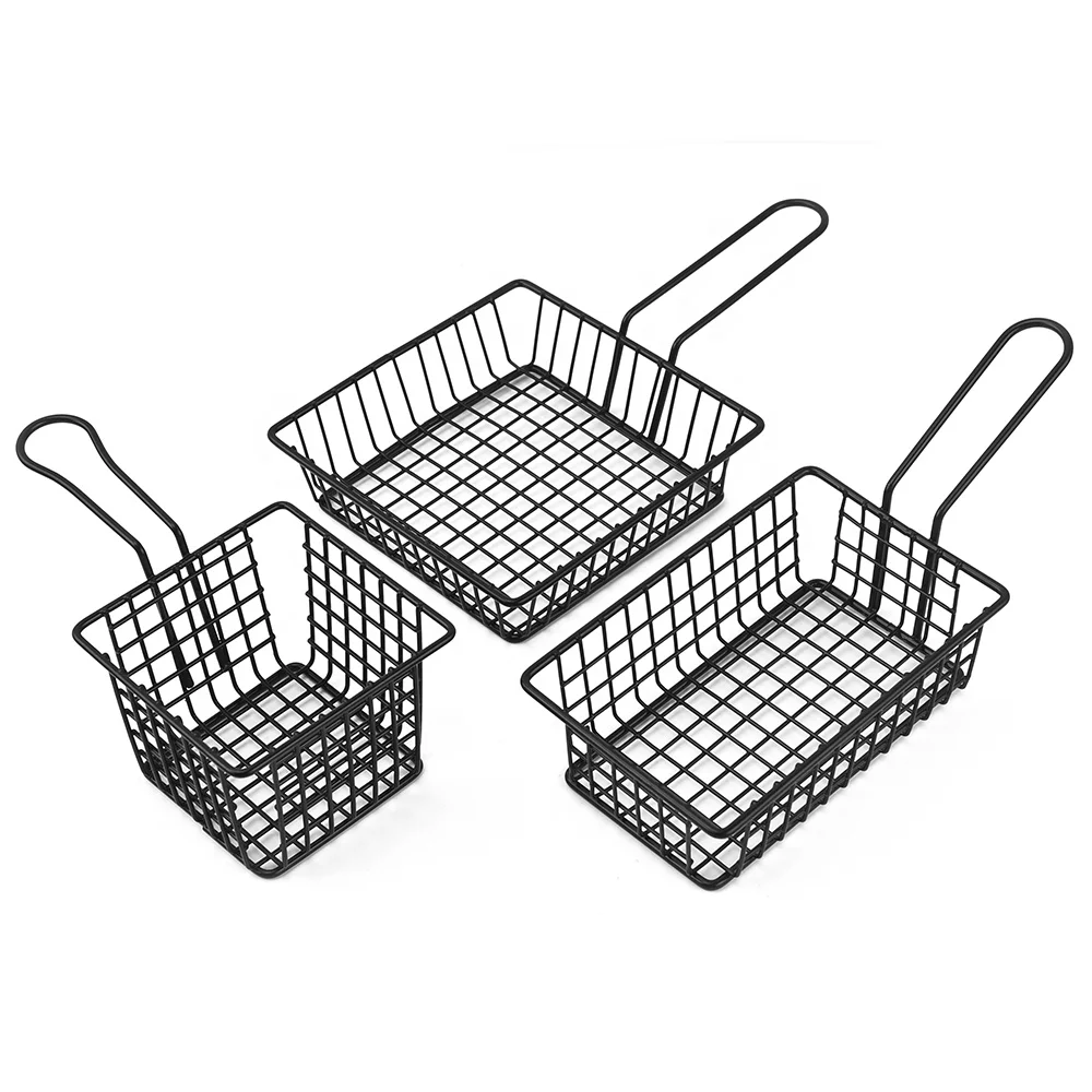 

Multi-function Mini Square Black Metal stainless steel Wire Mesh French Fries Basket Snack Storage Basket