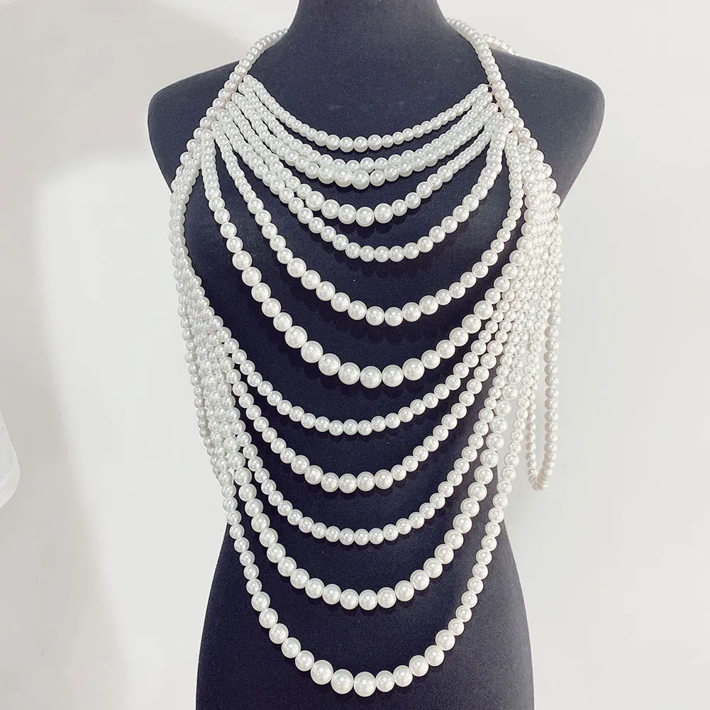 

Imitation Pearl Statement Collar Necklaces Multilayer Beads Choker Women Exaggerate Sexy Body Chain Jewelry (KW080 ), Silver