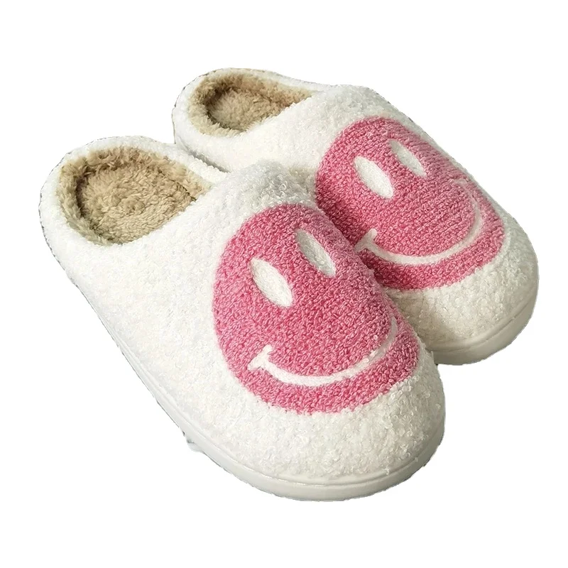 

New Pink Smiley Face Slippers Women Smile Slippers Happy Face Retro Soft Plush Comfy Warm Slip-on Slippers