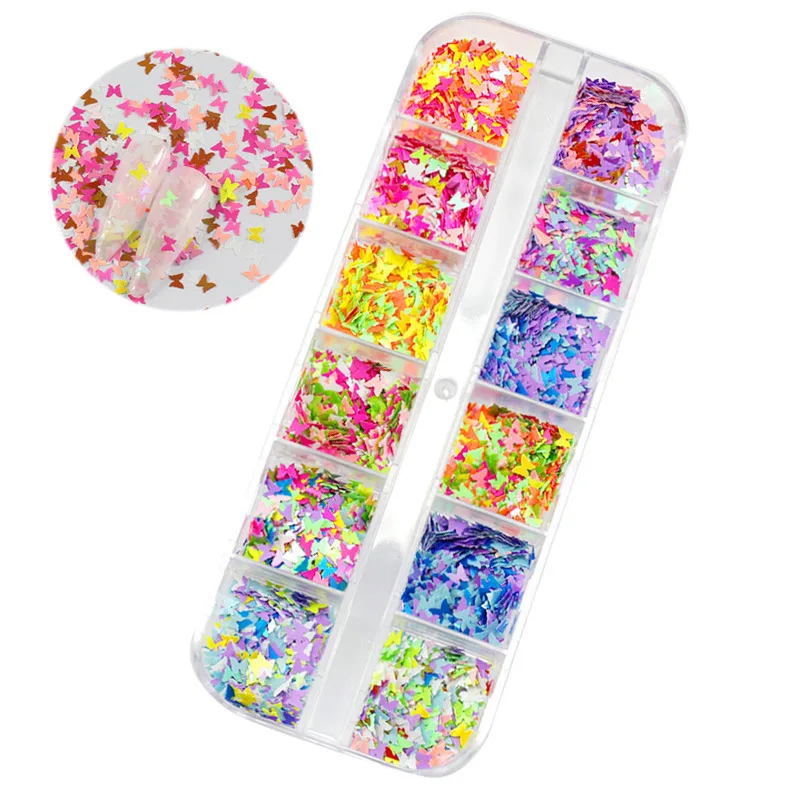 

Fast Shipping 12 Grid 3D Butterfly Flakes for Manicure Decoration Colorful Butterfly Nail Art Glitter Sequins