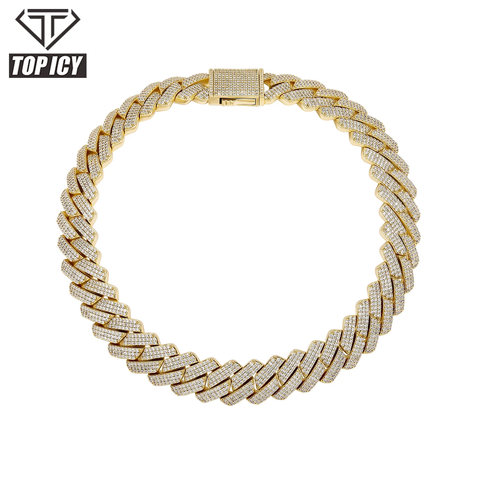 

New Arrival 20mm 3 Rows CZ Zircon Big Iced Out Prong Chain Bracelet Hand setting Link Chain Big Silver Gold Miami Cuban Chain, Gold, white gold, rose gold
