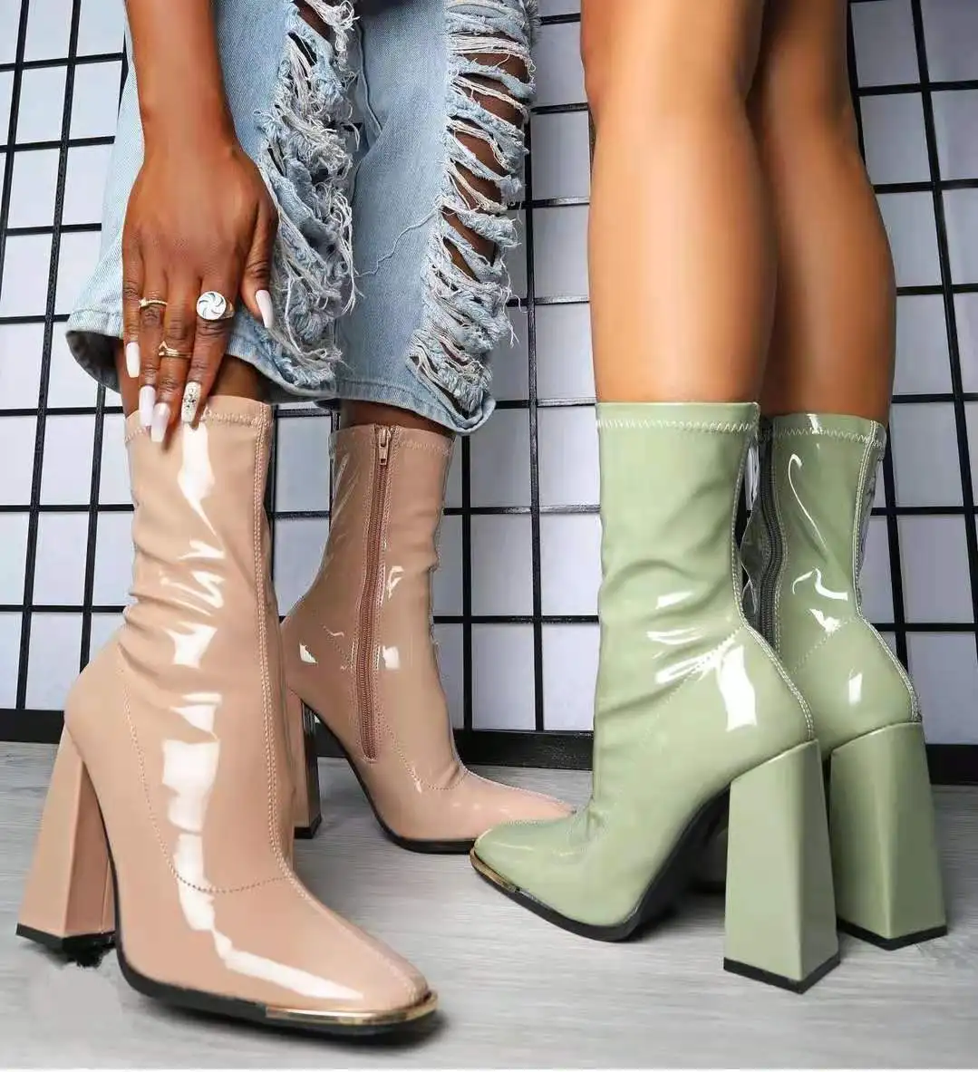 

Autumn and winter new style side zipper thick heel ankle boots bright leather boots, Pink,green