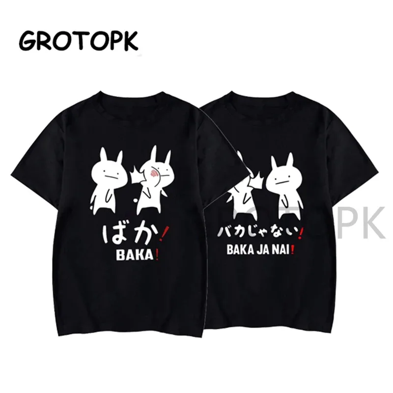 Wholesale Baka Rabbit Japanese Friend Couple T Shirt Summer Women Black Harajuku Streetwear Mens Clothes Anime Cotton Shirt