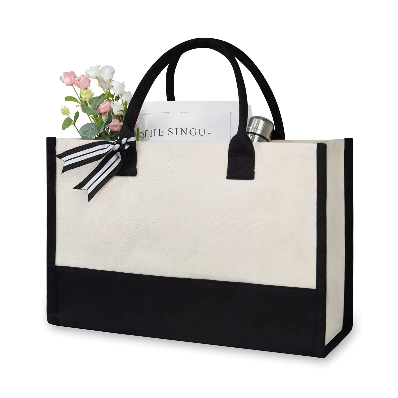 

Fashionable Multi Purpose Cream Color Women Handbags Cotton Shopping Beach Bag Two-tone Canvas Tote Bag Wit Black Handles, Customized color