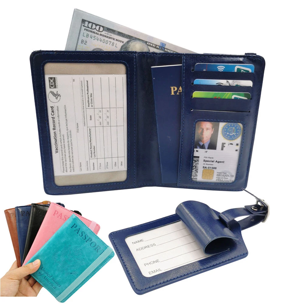 

Amazon new design pu leather RFID blocking travel passport holder cover wallet with Vaccine card protector case and luggage tag, Kinds of color can choice