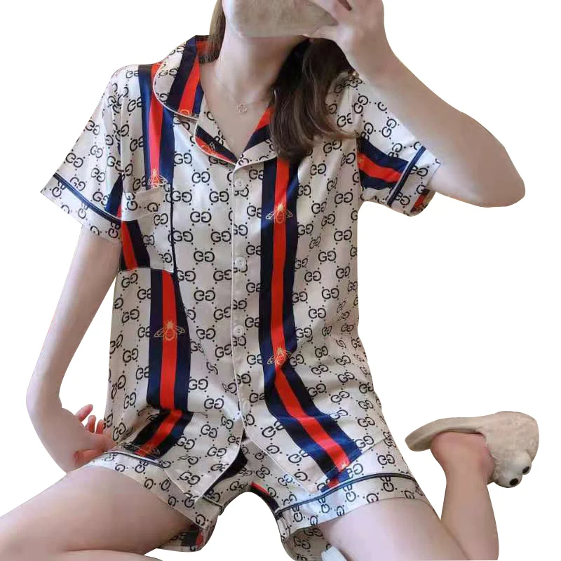 

Hot selling sleepwear women two piece short set brand satin pijamas custom summer silk pajamas, Photo color