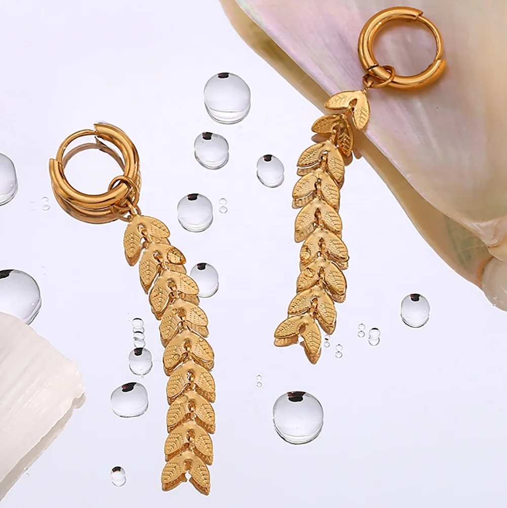 Vintage 18K Gold Plated Fish Tail Shape Tassel Chain Earring Stainless Steel Dangle Drop Earring