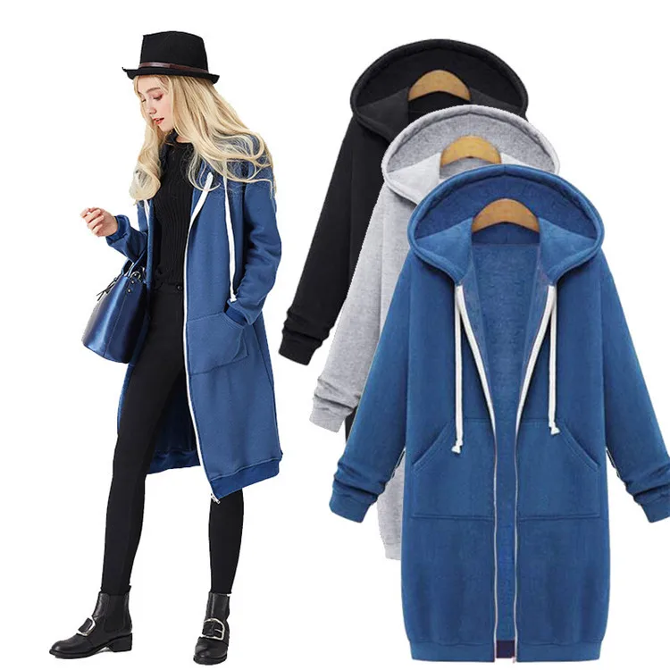 

Hooded long-sleeved mid-length sweater fleece long coat