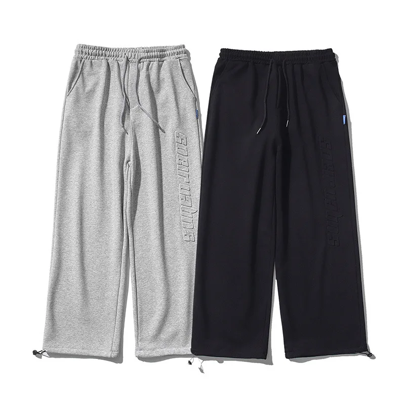 

3D Embossed Black Fashion Adjustable Ankle-tied Man Sport Wide Leg Pants, Customized color