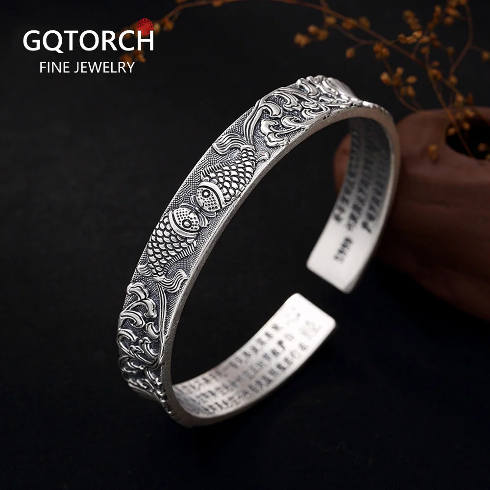 

Authentic 999 Pure Silver Fish Bracelet Bangles For Women Wide Prajna Paramita Sutra Buddha Tibetan Jewelry