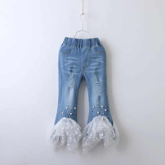 

Design Girls Pants Elastic Waist Long Jeans Lace Kids Denim Fabric Trousers