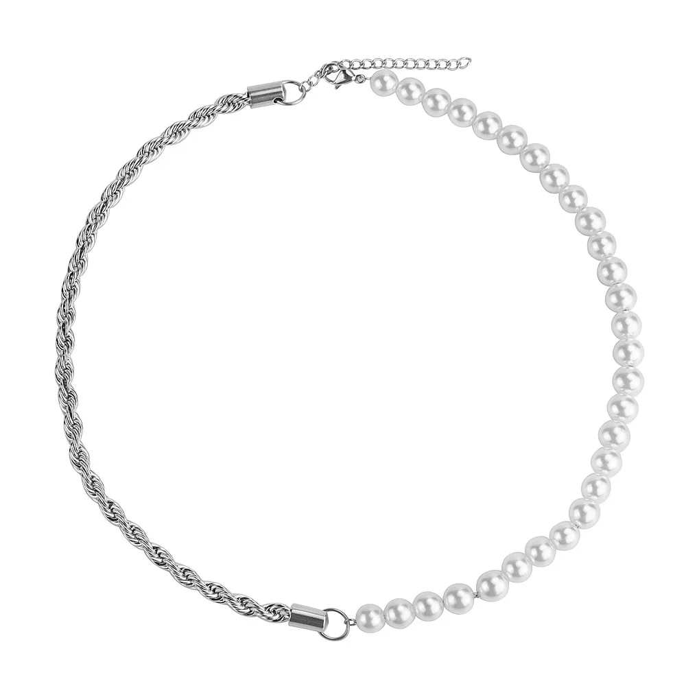 

Hip hop style stainless steel jewelry 5mm rope chain spliced 8mm imitation pearls unisex necklace, Gold color/silver