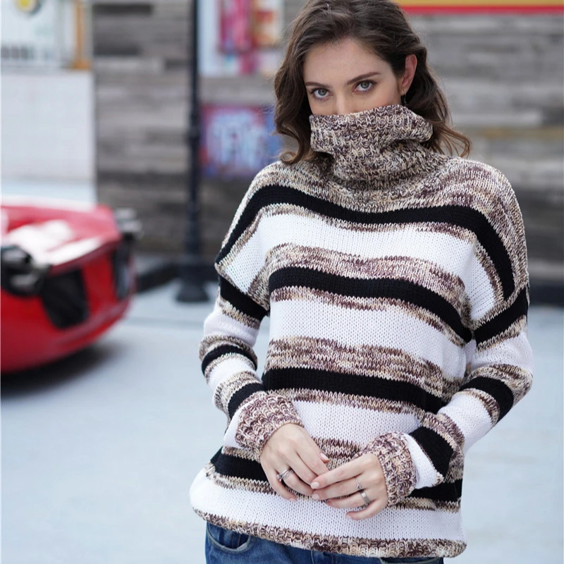 

winter High collar striped loose womens wool sweater ins fashion turtleneck thicken sweater pullover female