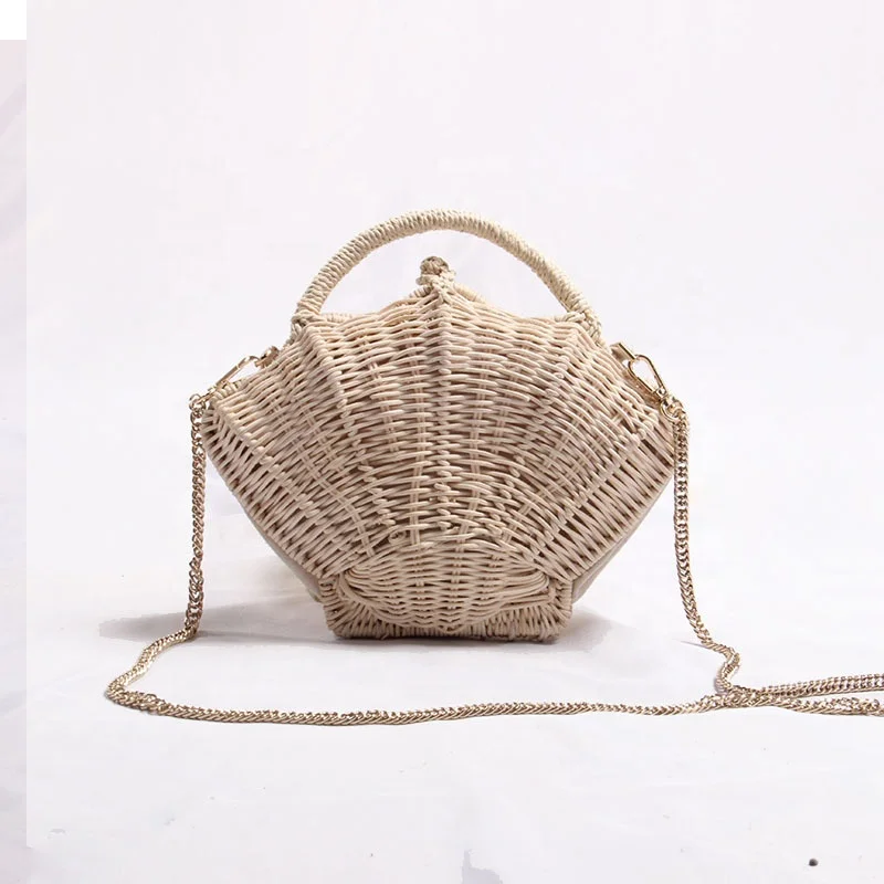 

New shell shaped small chain small bag handmade rattan woven bag female ins grass shoulder portable beach holiday bag, Nature