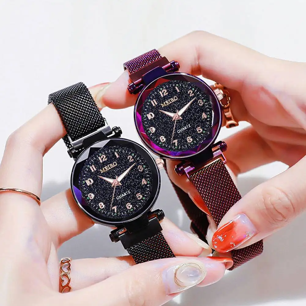 

Fashion Women Watches Starry Sky Luminous Steel Wristwatch Ladies Magnet Rose Gold Mesh Strap Watch Waterproof Quartz Hand Clock