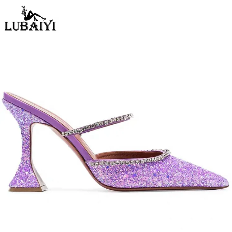 

2020 Heels Factory Customized Pu Glitter Pointed Toe Strap Rhinestones Decoration Open Back Mules For Ladies, Customized color